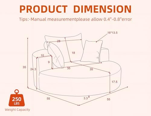 55" Oversized Round Swivel Chair, 360° Rotating Chenille Cotton Blend Chair, High-Density Foam Cushion, Comfy Modern Accent Chair for Living Room, Bedroom, Reading Nook, Apartment & Office