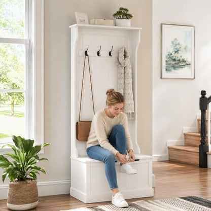 HOMCOM Hall Tree with Shoe Storage, Entryway Coat Rack with Bench, White