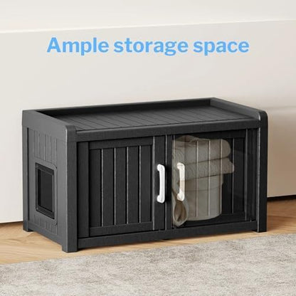 2 Doors Shoe Storage Bench - 2 Side Door Hidden Furniture Cabinet with Storage, Waterproof Entryway Bench with Seat for Indoor Outdoor, Outdoor Shoe Bench for Bedroom, Hallway, Black
