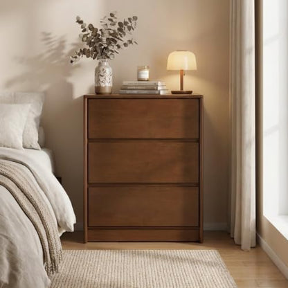 100% Solid Wood Nightstand, Wide Tall NightStand with 3 Drawers for Bedroom, Modern Design for Bedroom, Living Room, Closet, Walnut Rubber(23.93" W x 15.74" D x 29.52" H)