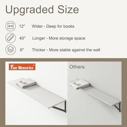 40 Inch Floating Shelves, 12 Inch Deep Wall Shelf, 40 x 12 Floating Shelf Set of 2, White Wood Floating Shelf Wall Mounted, Large Kitchen Living Room Bedroom Storage Shelves