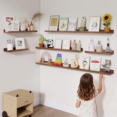 Heimlove Picture Ledge Shelf,48 inch Long Floating Shelves for Wall Set of 4,Picture Shelf with Lip for Wall Decor,Living Room,Bedroom,Bookshelf,Nursery,Perfume,Walnut Color