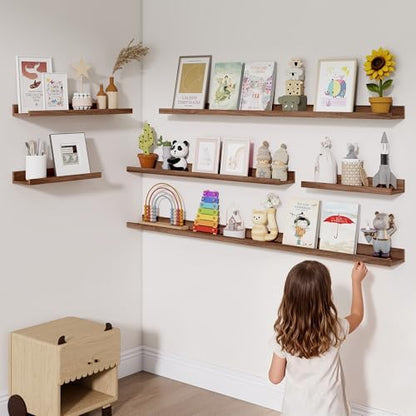 Heimlove Picture Ledge Shelf,48 inch Long Floating Shelves for Wall Set of 4,Picture Shelf with Lip for Wall Decor,Living Room,Bedroom,Bookshelf,Nursery,Perfume,Walnut Color