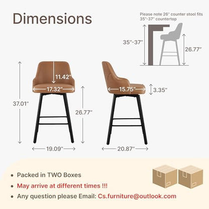 KISLOT 26" Counter Height Swivel Bar Stools Set of 4, Upholstered Faux Leather Barstools with Back, Metal Legs for Kitchen Island Dining Room, Brown