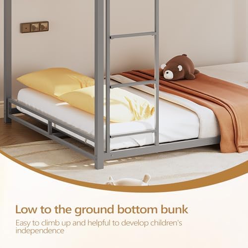 JOYMOR Bunk Bed Full Over Full, ASTM-Certified Twin Bed for Kids (Silver)