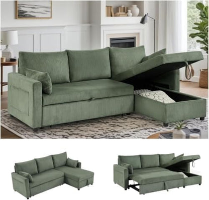 Queen Sleeper Sofa, Convertible Sofa Bed with Storage, 85 Inch Sectional Couch with Pull Out Bed, L Shaped 3 Seat Sectional Sleeper Sofa for Living Room, Apartment, Green