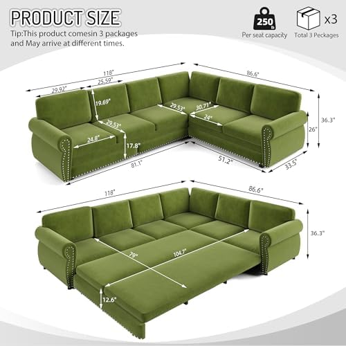 HANXIN 118" L-Shaped Sofa Couch with Pull Out Bed, Oversize Convertible Sectional Sleeper Sofa with Nailhead Trim & Rolled Arm, 6 Seat Chenille Upholstered Couches for Living Room(Grass Green)