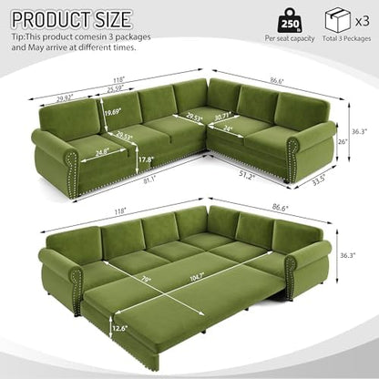 HANXIN 118" L-Shaped Sofa Couch with Pull Out Bed, Oversize Convertible Sectional Sleeper Sofa with Nailhead Trim & Rolled Arm, 6 Seat Chenille Upholstered Couches for Living Room(Grass Green)