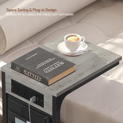 TUTOTAK C Shaped End Table with Charging Station, Side Table for Sofa