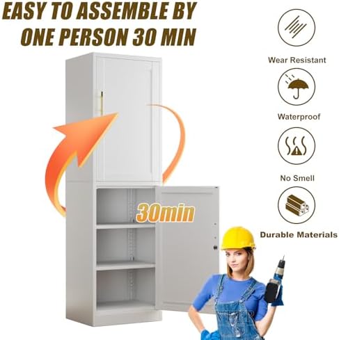 67" Tall Narrow Metal Storage Cabinet with Lock, Locking File Cabinet with 4 Adjustable Shelves and 2 Doors, Steel Locker Cabinets for Bathroom, Kitchen, Home Office, School(White)