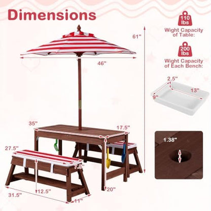 Costzon 4-in-1 Kids Picnic Table with Umbrella, Sand & Water Sensory Bins