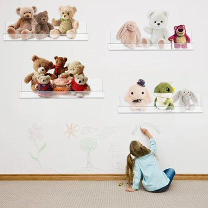 CECOLIC 4 Pack Clear Acrylic Floating Shelves for Wall, 15'' Plastic Wall Mounted Display Shelf Kids Bookshelf and Spice Organizer for Bedroom, Living Room, Kitchen, Bathroom, Office