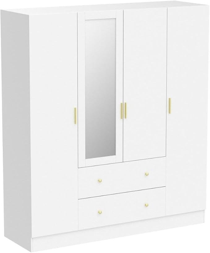 ECACAD Wardrobe Armoire with Mirror, 5-Tier Shelves, 2 Drawers, 2 Hanging Rods and 4 Doors, Wooden Closet Storage Cabinet for Bedroom, White (63”W x 19.7”D x 70.9”H)