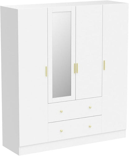 ECACAD Wardrobe Armoire with Mirror, 5-Tier Shelves, 2 Drawers, 2 Hanging Rods and 4 Doors, Wooden Closet Storage Cabinet for Bedroom, White (63”W x 19.7”D x 70.9”H)