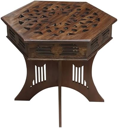 COTTON CRAFT Solid Wood End Table - Hand Carved Folding Moroccan Side Table