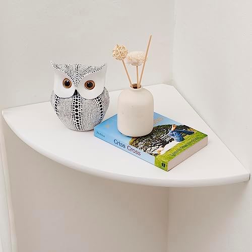 Corner Shelf, White Solid Oak Wood Floating Corner Shelves Wall Mount Round End Floating Speaker Rack Display Shelf for Small Plant Photo Frame (White, 12in)