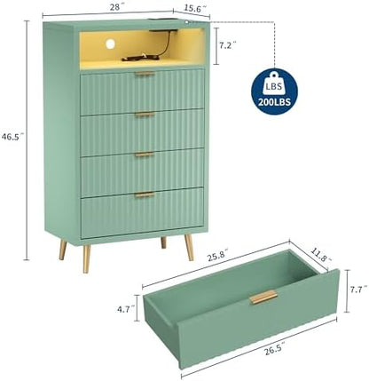 28"W 4 Drawers Dresser for Bedroom with LED and Charging Station, Green