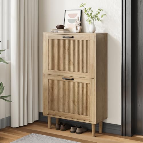 2 Tier Entryway Shoe Storage Cabinet Closed Space Saving Hidden Shoe Organizer with Ribbed Doors Freestanding for Hallway Bedroom Walnut Finish (Natural Oak, 23.6")