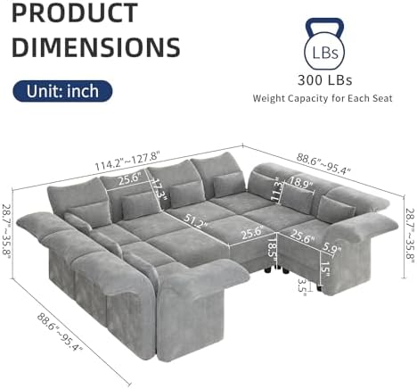 LLappuil 10 Person Modular Sectional Sofa Sleeper Chenille Deep Sectional Couches for Living Room with Storage Ottoman, Adjustable Arms Backs Grey