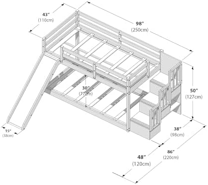 Grain & Grove Bear Twin Over Twin Low Bunk Bed with Slide & Stairs, Low Profile 49” Kids Bunk Bed, Engineered Wood, Oak Embossed Pecan