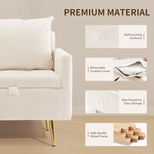Furnimart 2 Seater Loveseat with Storage, 61" Corduroy Couch for Small Living Room, Bedroom, Tiny Homes & Lofts, Beige