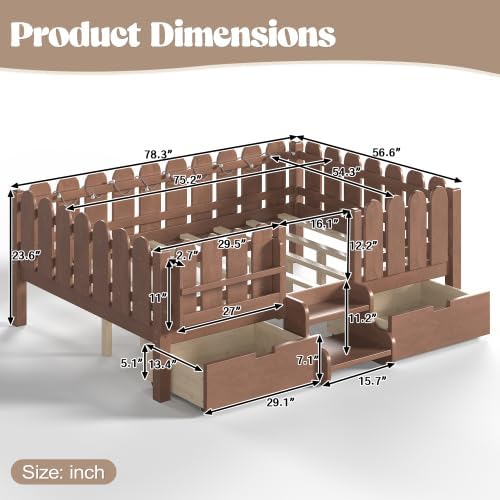 Bellemave Full Size Platform Bed with Storage Drawers & Bookshelf for Boys Girls, Kids Full Bed Frame with LED Lights & Stairs for Children's Room, Deep Natural