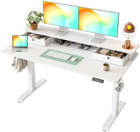TIQLAB Standing Desk with Two Drawers, Stand Up Standing Desk Adjustable Height, Electric Sit Stand Table with Storage Shelf and Splice Board, 55 * 24 inch, White