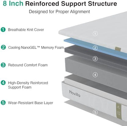 Novilla 8 Inch Full Mattress, Full Size Gel Memory Foam, Upgraded Support