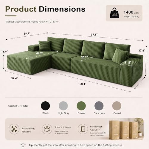 96" Boneless Sectional Couches, Cloud Sofas for Living Room