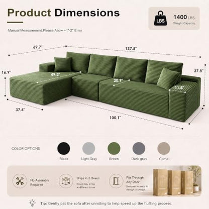 96" Boneless Sectional Couches, Cloud Sofas for Living Room