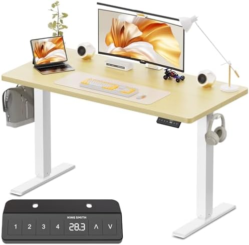 40x24 Inches Height Adjustable Electric Standing Desk with 2 Hooks for Home Office, Ergonomic Sit Stand up Desk with Splice Board, Oak