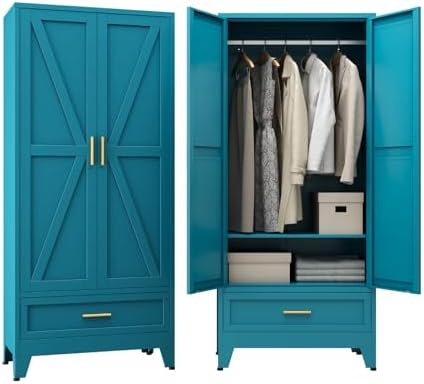 71" Metal Armoire Wardrobe Closet with Hanging Rod, Blue-X 1 Drawer