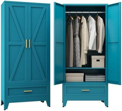 71" Metal Armoire Wardrobe Closet with Hanging Rod, Blue-X 1 Drawer