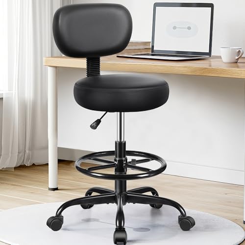 Drafting Chair with Backrest – Adjustable Foot Rest Rolling Stool with Wheels, PU Leather Swivel Stool for Office Spa Studio Lab Counter Salon Home Work Bar Kitchen Shop(Black), Pack of 10