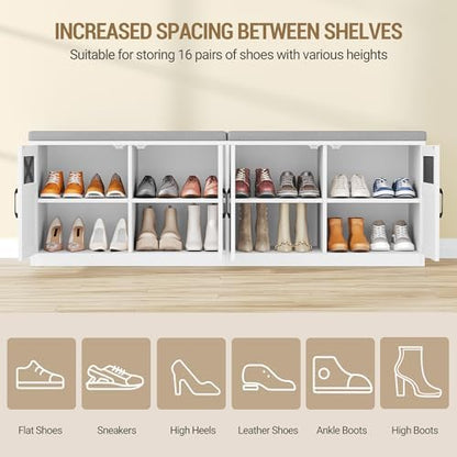 Hzuaneri 59" Shoe Storage Bench with 4 Barn Doors & Padded Seat Cushion