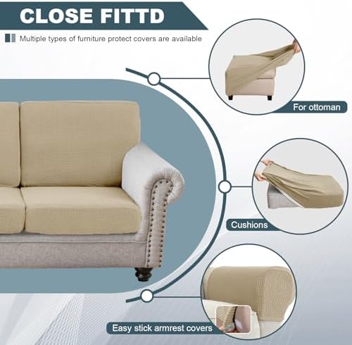 Seat Cushion Cover and Back Covers for Corner Sofa Stretch Jacquard, Non Slip L Shaped Sofa Slipcover with Storage Ottoman, Sectional Couch Cover for Chaise Lounge (Beige,Ottoman 39 x 39 x 19”)