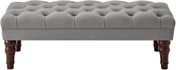 24KF Velvet Upholstered Buttons Tufted Entryway Bench with Solid Wood Leg,Bed Bench Ottoman with Padded Seat,5061N-Gray