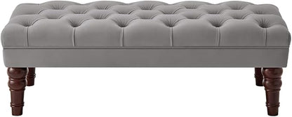 24KF Velvet Upholstered Buttons Tufted Entryway Bench with Solid Wood Leg,Bed Bench Ottoman with Padded Seat,5061N-Gray