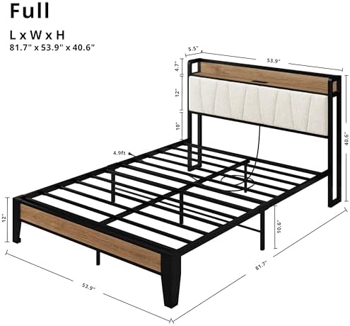 LIKIMIO Full Size Bed Frame with Storage Headboard and Charging Station
