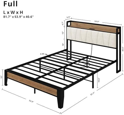 LIKIMIO Full Size Bed Frame with Storage Headboard and Charging Station