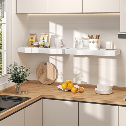 12" Deep Floating Shelves for Wall, 40" Long White Wood Wall Shelves, Set of 2, 2" Thick Rustic Storage & Display Shelves with Invisible Brackets for Living Room Bedroom Kitchen