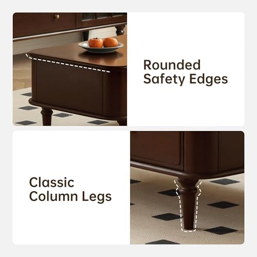 YESWOOD Solid Wood Coffee Table with Storage, 2 Drawer Center Table with Classic Column Legs, Retro Coffee Table with Vintage Detailings for Living Room, Home Office (Poplar Wood, Walnut Finish)
