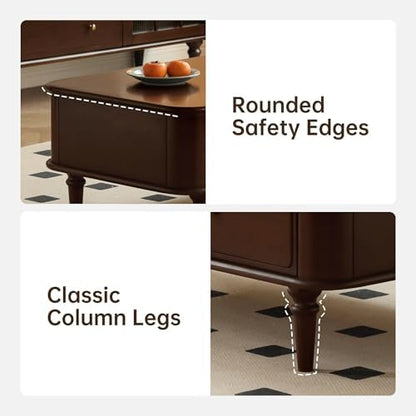 YESWOOD Solid Wood Coffee Table with Storage, 2 Drawer Center Table with Classic Column Legs, Retro Coffee Table with Vintage Detailings for Living Room, Home Office (Poplar Wood, Walnut Finish)