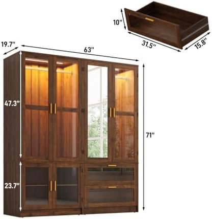 Armoire Wardrobe Closet with Sensor LED Light and Mirror（3 Doors Walnut）