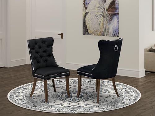 East West Furniture DAP8L24 Dallas Parson Dining Room Chairs - Button Tufted Nailhead Black Linen Fabric Upholstered Chairs, Set of 2, Antique Walnut