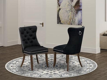 East West Furniture DAP8L24 Dallas Parson Dining Room Chairs - Button Tufted Nailhead Black Linen Fabric Upholstered Chairs, Set of 2, Antique Walnut