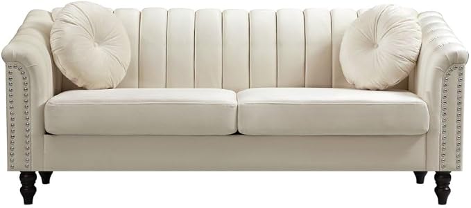 Sectional Sofa Set, Microfiber Chesterfield Upholstered Sofas Loveseat Couch Chair Sets with Style Button Tufted, Scroll Arms and Nailhead for Living Room, Office, Apartment, White,S