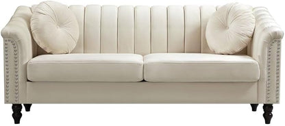 Sectional Sofa Set, Microfiber Chesterfield Upholstered Sofas Loveseat Couch Chair Sets with Style Button Tufted, Scroll Arms and Nailhead for Living Room, Office, Apartment, White,S