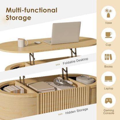 LYNCOHOME 43.3" Fluted Lift Top Coffee Table for Living Room, Oval, Oak
