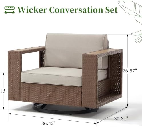 Bonzy Home Wicker Patio Chair, 360° Swivel Rattan Outdoor Patio Chairs with Extra-Thick Soft Cushions and Widened Armrest for Porch, Garden Poolside Balcony